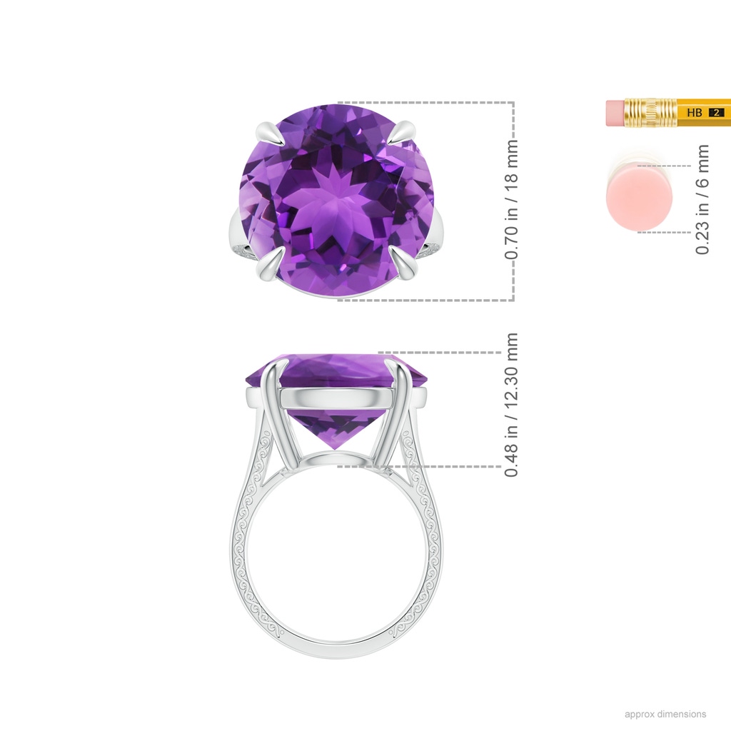 18x18mm AAA Claw-Set GIA Certified Solitaire Round Amethyst Split Shank Ring with Scrollwork in White Gold Ruler