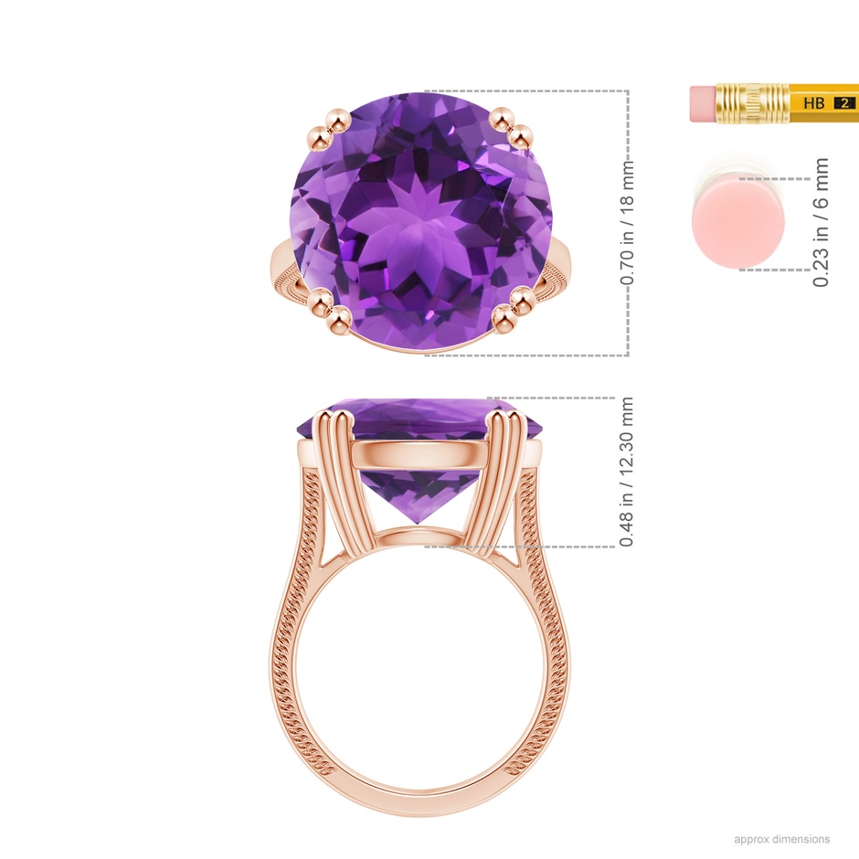 18x18mm AAA Double Prong-Set GIA Certified Solitaire Amethyst Reverse Tapered Ring with Leaf Motifs in 18K Rose Gold Ruler
