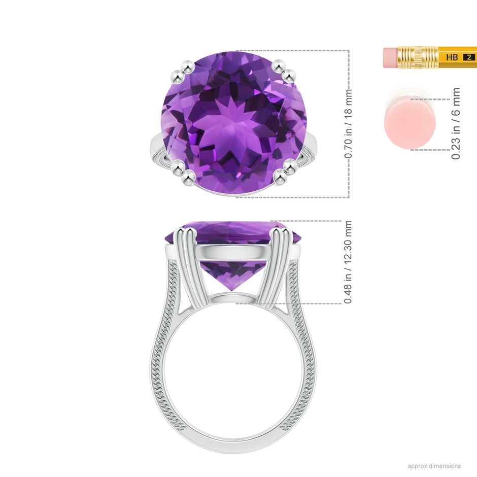 18x18mm AAA Double Prong-Set GIA Certified Solitaire Amethyst Reverse Tapered Ring with Leaf Motifs in 18K White Gold ruler