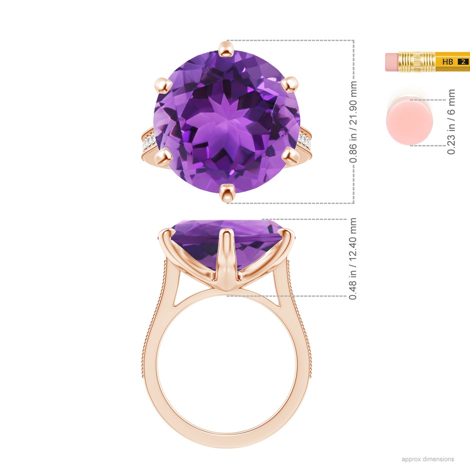 18x18mm AAA Peg-Set GIA Certified Round Amethyst Ring with Milgrain  in Rose Gold ruler