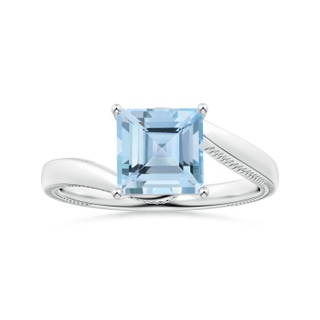 7.08mm AAAA Prong-Set GIA Certified Solitaire Square Aquamarine Bypass Ring with Leaf Motifs  in P950 Platinum