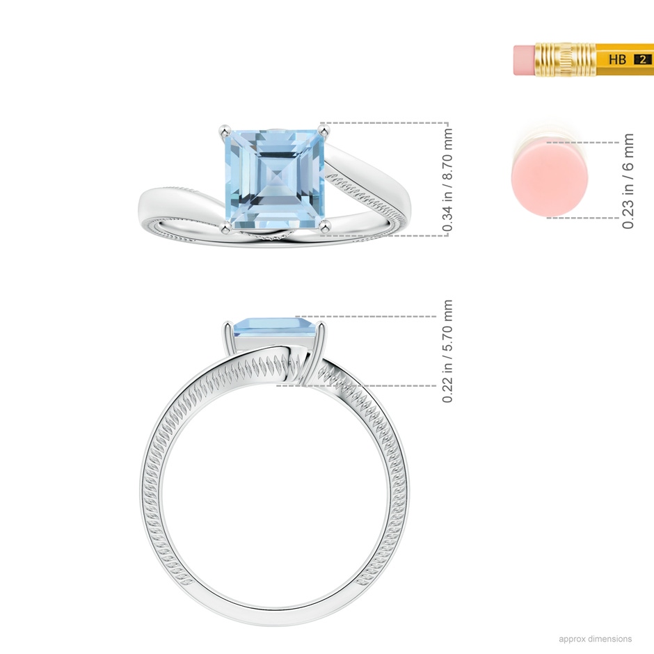 7.08mm AAAA Prong-Set GIA Certified Solitaire Square Aquamarine Bypass Ring with Leaf Motifs  in P950 Platinum Ruler