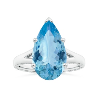 15.11x10.14x5.61mm AAAA GIA Certified Solitaire Pear-Shaped Aquamarine Split Shank Ring with Scrollwork in 18K White Gold