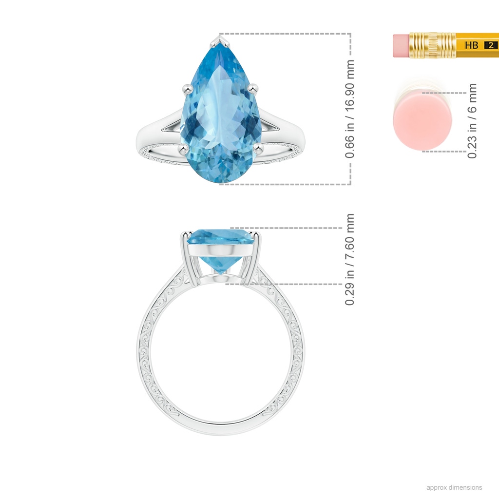 15.11x10.14x5.61mm AAAA GIA Certified Solitaire Pear-Shaped Aquamarine Split Shank Ring with Scrollwork in 18K White Gold ruler