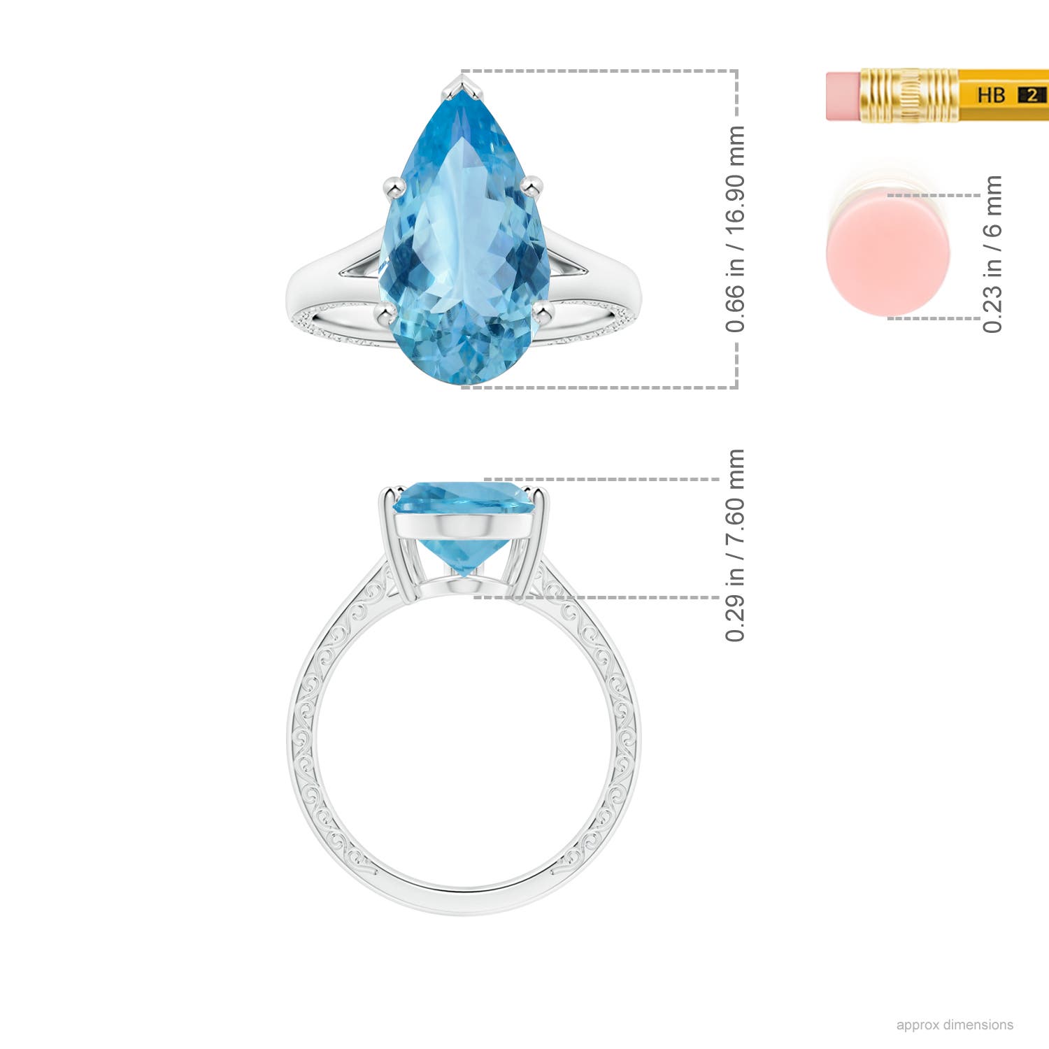 15.11x10.14x5.61mm AAAA GIA Certified Solitaire Pear-Shaped Aquamarine Split Shank Ring with Scrollwork in White Gold - ruler