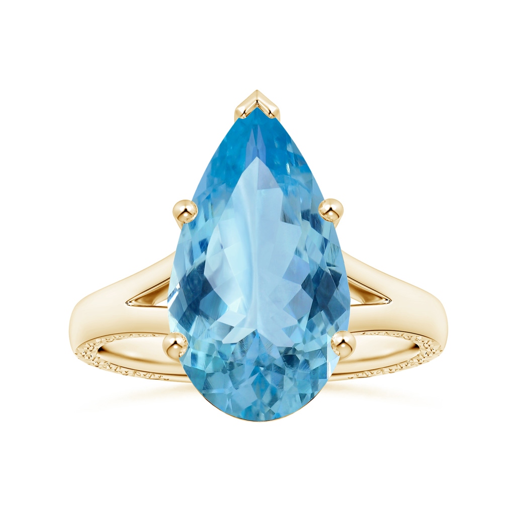 15.11x10.14x5.61mm AAAA GIA Certified Solitaire Pear-Shaped Aquamarine Split Shank Ring with Scrollwork in Yellow Gold
