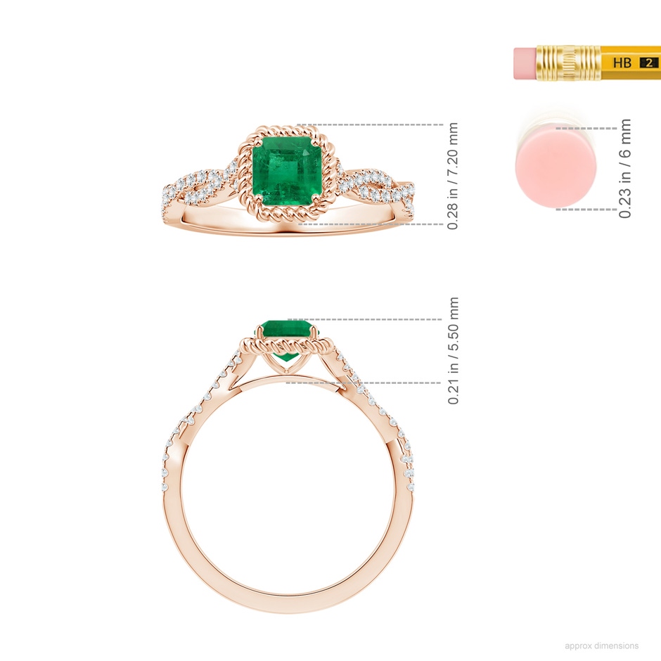 5.41x5.30x4.17mm AAA GIA Certified Square Emerald-Cut Emerald Twisted Shank Ring with Twisted Wire Halo in 9K Rose Gold ruler