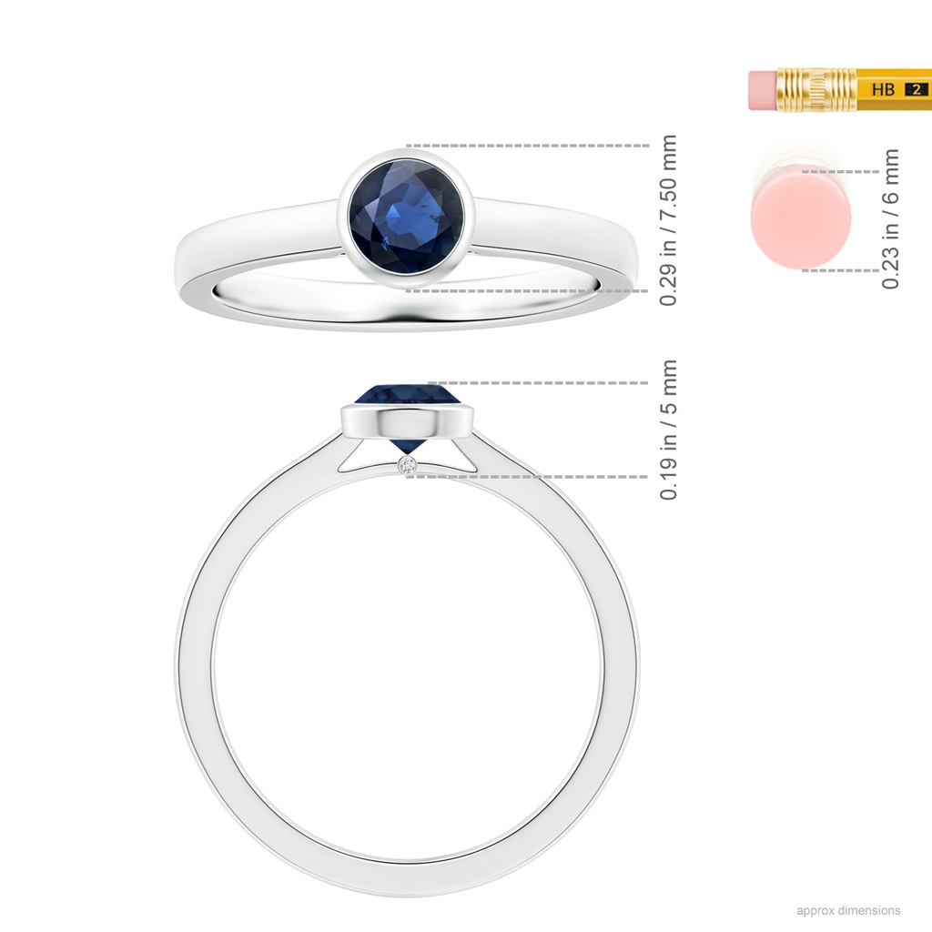 5.70x5.70x3.67mm AA GIA Certified Bezel-Set Round Blue Sapphire Solitaire Ring in 18K White Gold Ruler