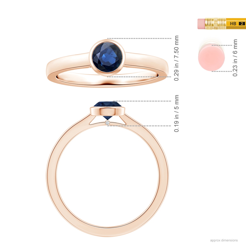 5.70x5.70x3.67mm AA GIA Certified Bezel-Set Round Blue Sapphire Solitaire Ring in Rose Gold Ruler