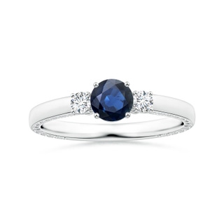 5.70x5.70x3.67mm AA GIA Certified Three Stone Round Blue Sapphire Feather Ring in 18K White Gold