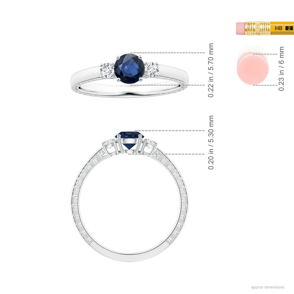 5.70x5.70x3.67mm AA GIA Certified Three Stone Round Blue Sapphire Feather Ring in 18K White Gold Ruler