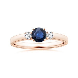 5.70x5.70x3.67mm AA GIA Certified Three Stone Round Blue Sapphire Feather Ring in Rose Gold