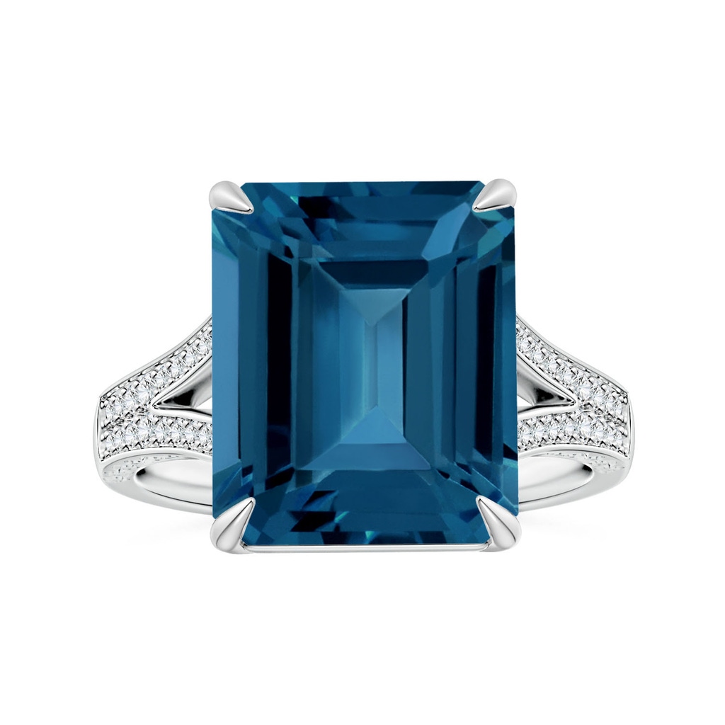 14.09x12.07x8.47mm AAA Claw-Set Emerald-Cut London Blue Topaz Split Shank Ring with Scrollwork in P950 Platinum