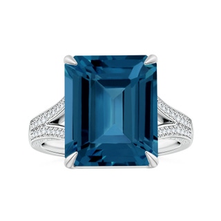 14.09x12.07x8.47mm AAA Claw-Set Emerald-Cut London Blue Topaz Split Shank Ring with Scrollwork in White Gold