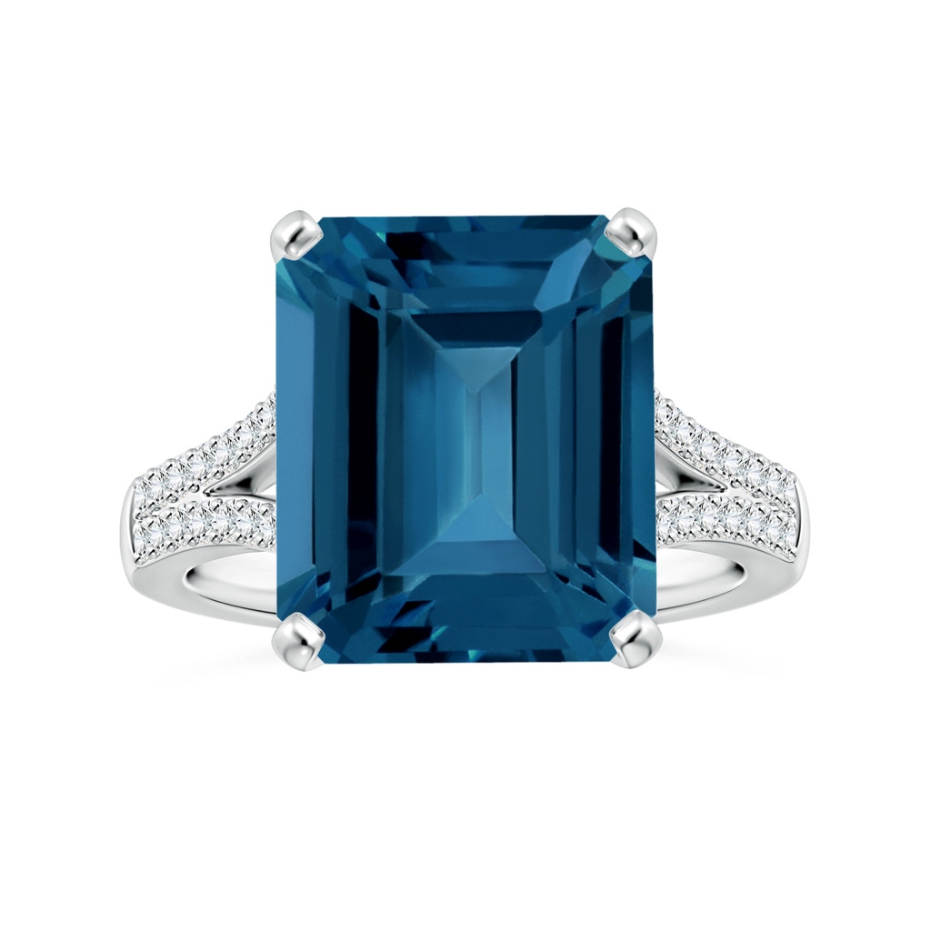 14.09x12.07x8.47mm AAA GIA Certified Peg-Set Emerald-Cut London Blue Topaz Ring with Diamond Split Shank in 18K White Gold