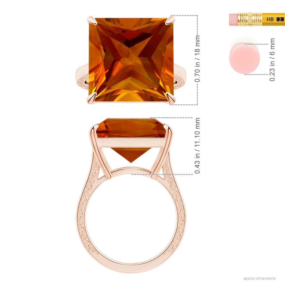 14.81x14.70x10.11mm AAAA Claw-Set GIA Certified Solitaire Princess-Cut Citrine Reverse Tapered Ring with Scrollwork in 18K Rose Gold ruler