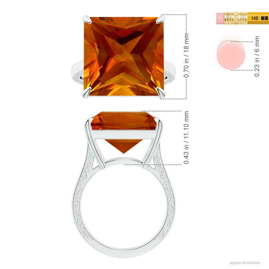 14.81x14.70x10.11mm AAAA Claw-Set GIA Certified Solitaire Princess-Cut Citrine Reverse Tapered Ring with Scrollwork in P950 Platinum ruler