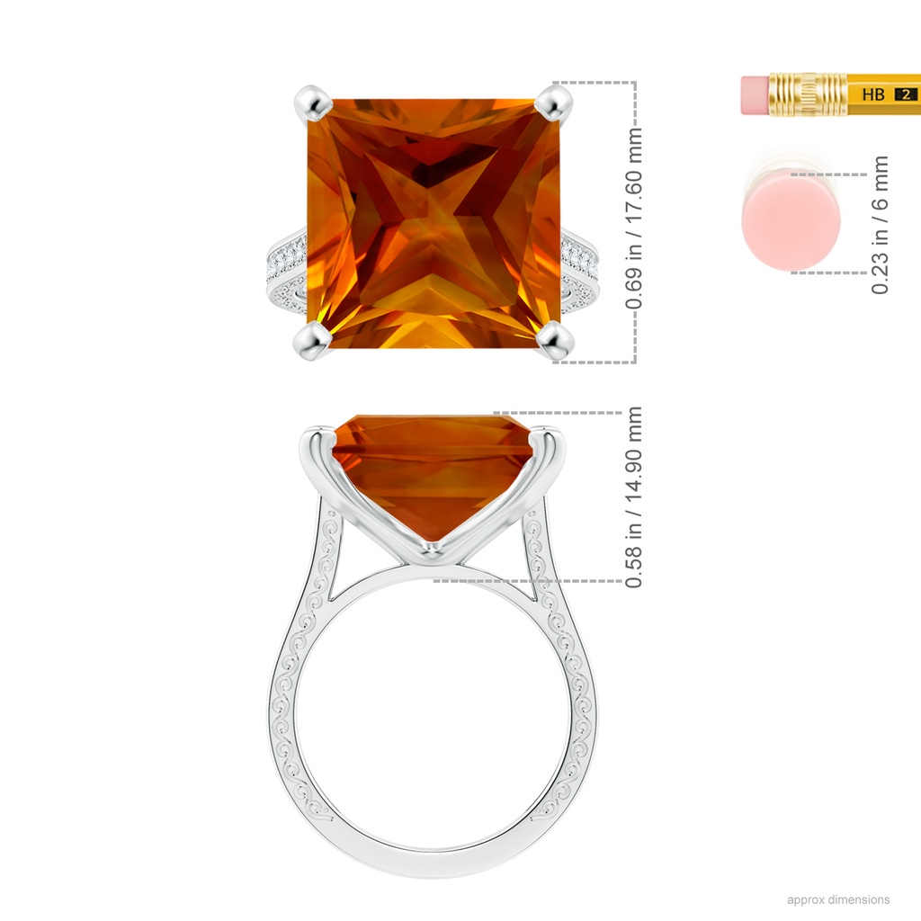 14.81x14.70x10.11mm AAAA GIA Certified Princess-Cut Citrine Scroll Ring with Diamonds in White Gold ruler