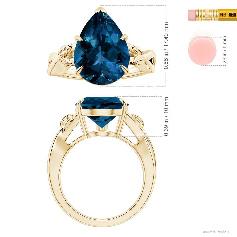 15.98x11.98x7.77mm AAAA Nature Inspired GIA Certified Pear-Shaped London Blue Topaz Solitaire Ring in Yellow Gold ruler