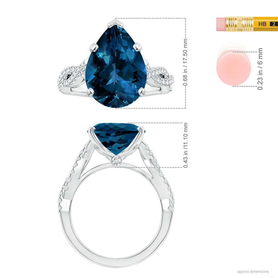 15.98x11.98x7.77mm AAAA Peg-Set GIA Certified Pear-Shaped London Blue Topaz Twisted Shank Ring in 18K White Gold ruler