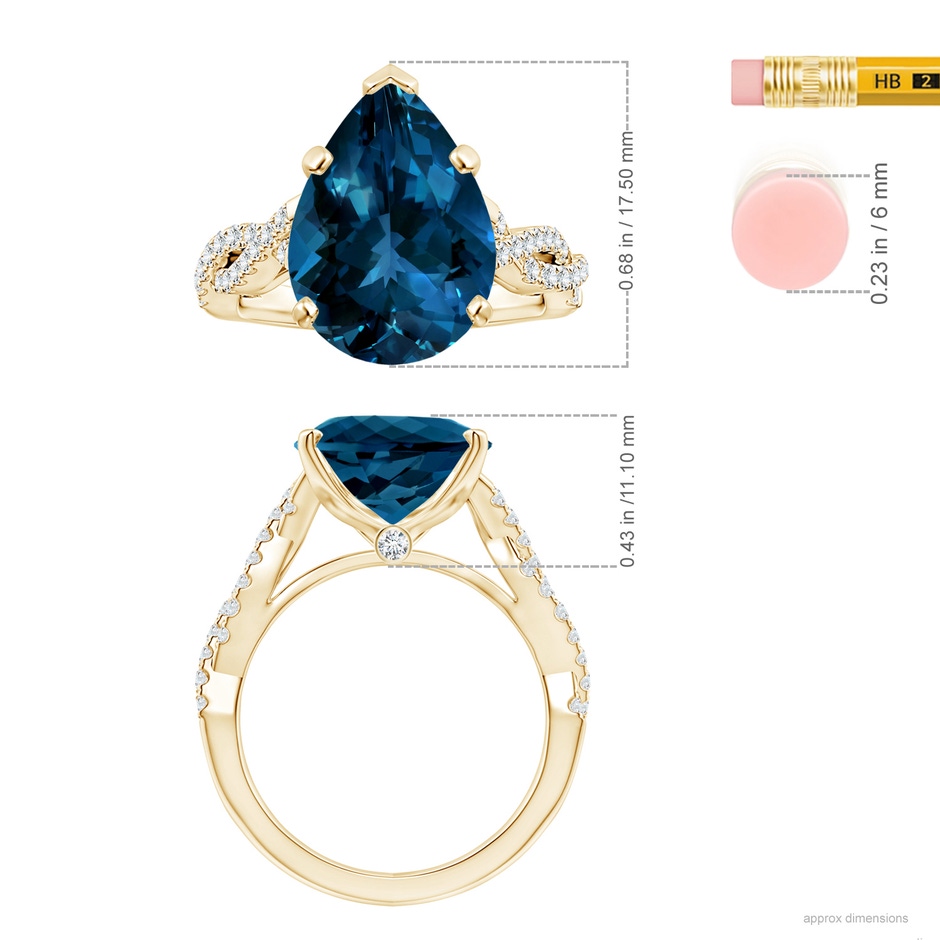 15.98x11.98x7.77mm AAAA Peg-Set GIA Certified Pear-Shaped London Blue Topaz Twisted Shank Ring in Yellow Gold ruler