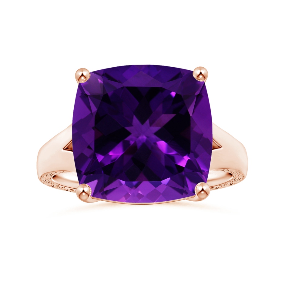 14.11x14.10x9.46mm AAAA Prong-Set GIA Certified Solitaire Cushion Amethyst Split Shank Ring with Scrollwork in 18K Rose Gold 