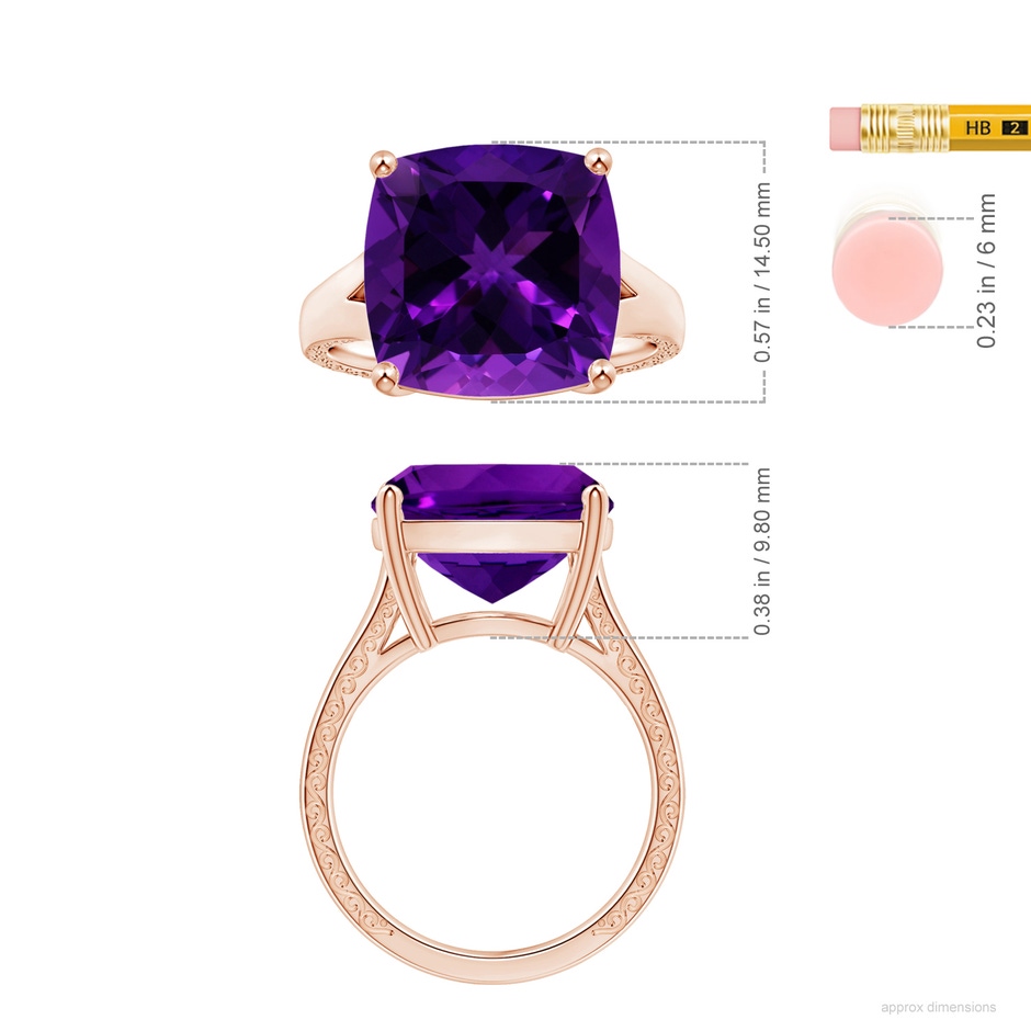 14.11x14.10x9.46mm AAAA Prong-Set GIA Certified Solitaire Cushion Amethyst Split Shank Ring with Scrollwork in 18K Rose Gold ruler