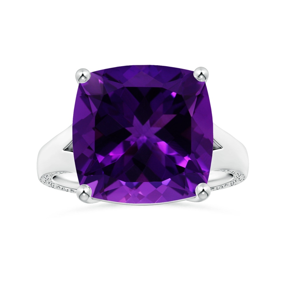14.11x14.10x9.46mm AAAA Prong-Set GIA Certified Solitaire Cushion Amethyst Split Shank Ring with Scrollwork in 18K White Gold 