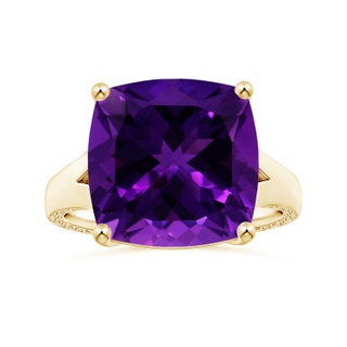 14.11x14.10x9.46mm AAAA Prong-Set GIA Certified Solitaire Cushion Amethyst Split Shank Ring with Scrollwork in 18K Yellow Gold