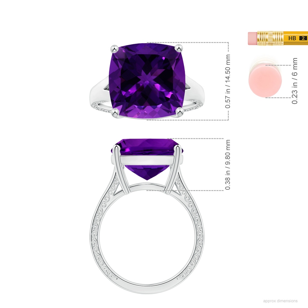 14.11x14.10x9.46mm AAAA Prong-Set GIA Certified Solitaire Cushion Amethyst Split Shank Ring with Scrollwork in P950 Platinum ruler