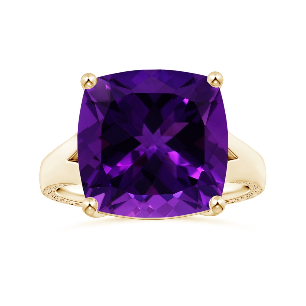 14.11x14.10x9.46mm AAAA Prong-Set GIA Certified Solitaire Cushion Amethyst Split Shank Ring with Scrollwork in Yellow Gold
