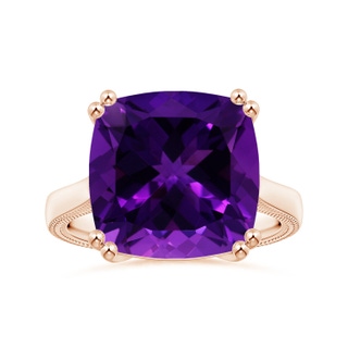 14.11x14.10x9.46mm AAAA Double prong-Set GIA Certified Solitaire Cushion Amethyst Ring with Leaf Motifs in 10K Rose Gold