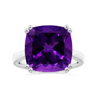 14.11x14.10x9.46mm AAAA Double prong-Set GIA Certified Solitaire Cushion Amethyst Ring with Leaf Motifs in 18K White Gold