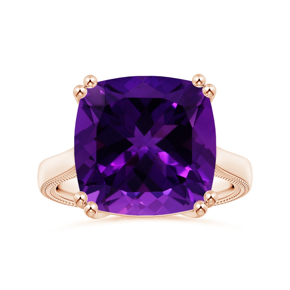 14.11x14.10x9.46mm AAAA Double prong-Set GIA Certified Solitaire Cushion Amethyst Ring with Leaf Motifs in Rose Gold 