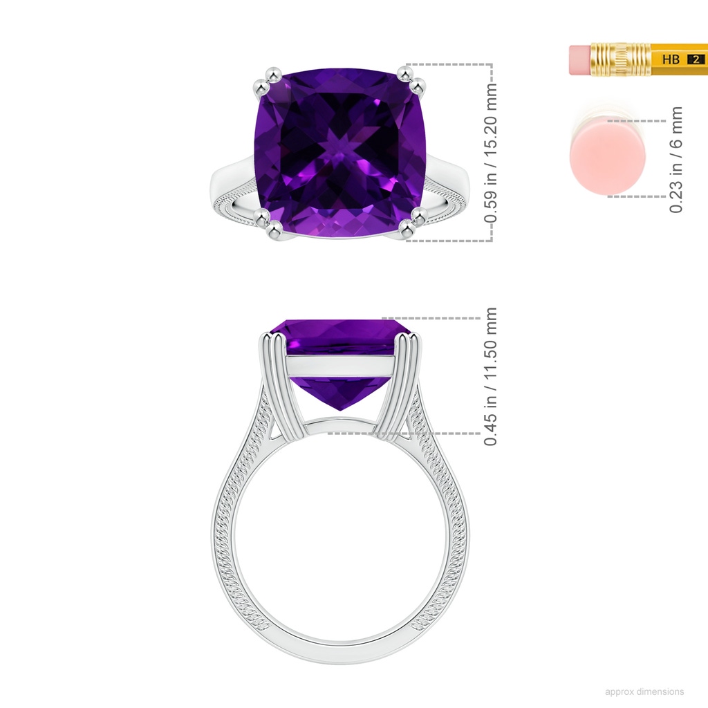 14.11x14.10x9.46mm AAAA Double prong-Set GIA Certified Solitaire Cushion Amethyst Ring with Leaf Motifs in White Gold ruler