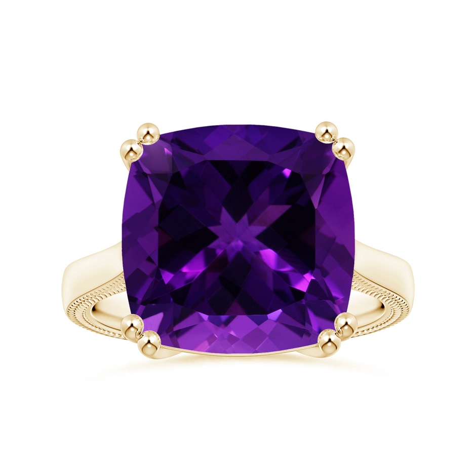 14.11x14.10x9.46mm AAAA Double prong-Set GIA Certified Solitaire Cushion Amethyst Ring with Leaf Motifs in Yellow Gold 