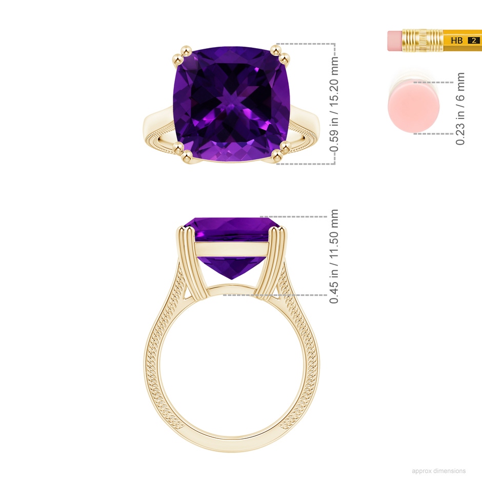14.11x14.10x9.46mm AAAA Double prong-Set GIA Certified Solitaire Cushion Amethyst Ring with Leaf Motifs in Yellow Gold ruler