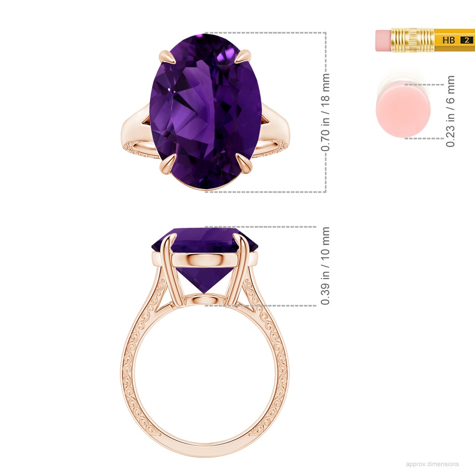 18.26x13.16x9.75mm AA Claw-Set GIA Certified Solitaire Oval Amethyst Split Shank Ring in 9K Rose Gold ruler