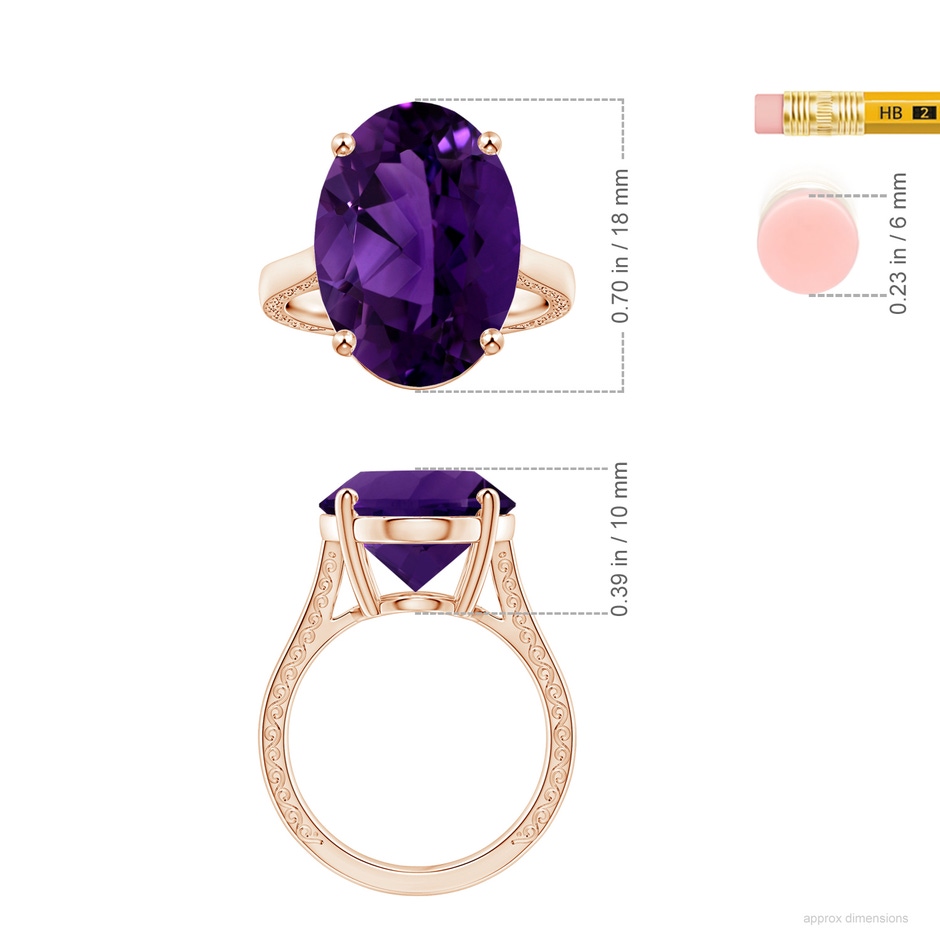 18.26x13.16x9.75mm AA GIA Certified Solitaire Oval Amethyst Reverse Tapered Shank Ring with Scrollwork in Rose Gold ruler