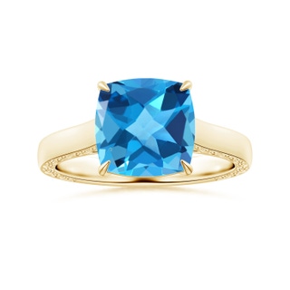 10.02x10.00x6.25mm AAA Claw-Set Solitaire Cushion Swiss Blue Topaz Ring with Scrollwork in 18K Yellow Gold