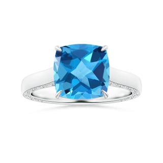 10.02x10.00x6.25mm AAA Claw-Set Solitaire Cushion Swiss Blue Topaz Ring with Scrollwork in P950 Platinum