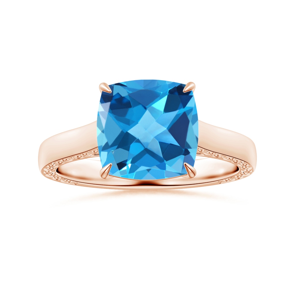 10.02x10.00x6.25mm AAA Claw-Set Solitaire Cushion Swiss Blue Topaz Ring with Scrollwork in Rose Gold