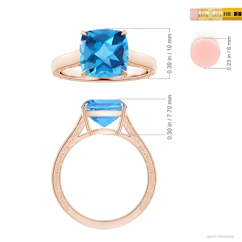 10.02x10.00x6.25mm AAA Claw-Set Solitaire Cushion Swiss Blue Topaz Ring with Scrollwork in Rose Gold ruler