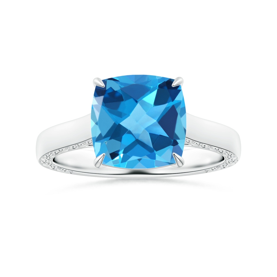 10.02x10.00x6.25mm AAA Claw-Set Solitaire Cushion Swiss Blue Topaz Ring with Scrollwork in White Gold 