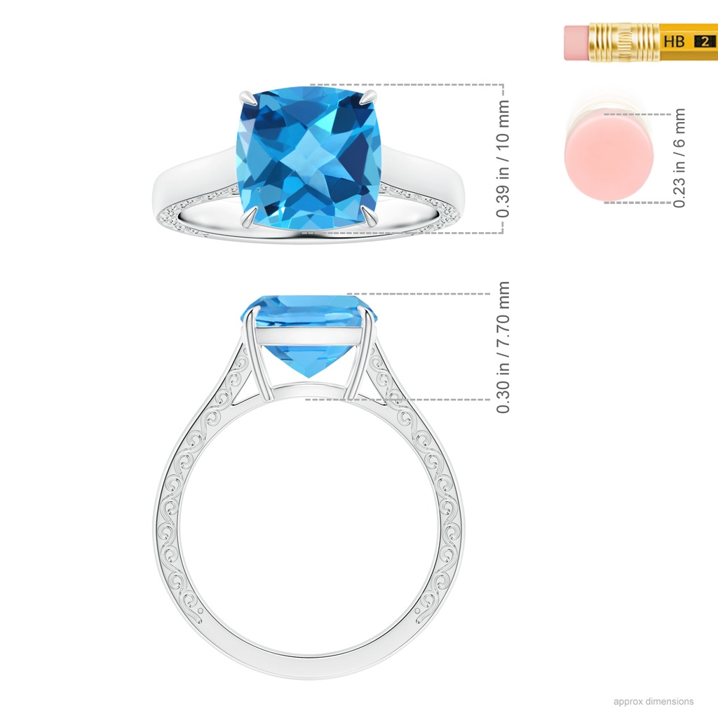 10.02x10.00x6.25mm AAA Claw-Set Solitaire Cushion Swiss Blue Topaz Ring with Scrollwork in White Gold ruler