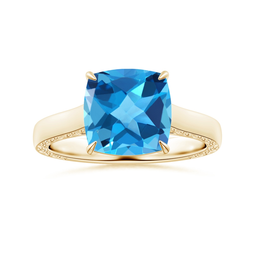 10.02x10.00x6.25mm AAA Claw-Set Solitaire Cushion Swiss Blue Topaz Ring with Scrollwork in Yellow Gold