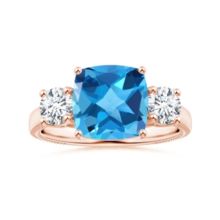 10.02x10.00x6.25mm AAA Three Stone Cushion Swiss Blue Topaz Leaf Ring in 18K Rose Gold