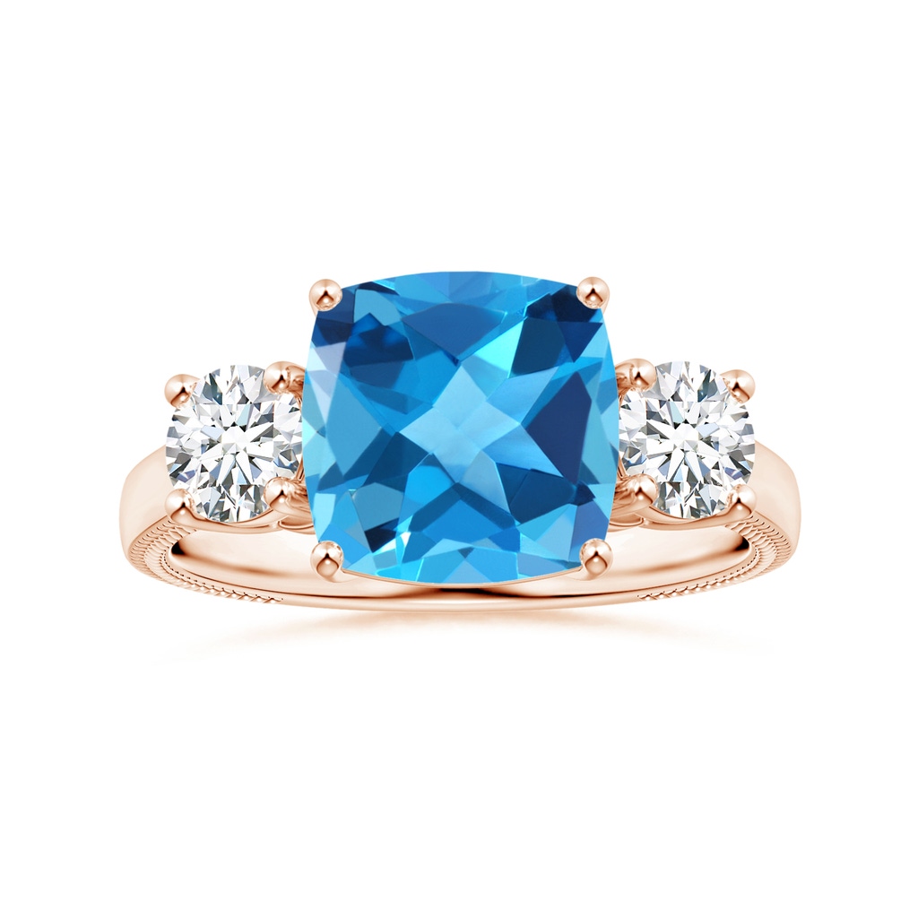 10.02x10.00x6.25mm AAA Three Stone Cushion Swiss Blue Topaz Leaf Ring in Rose Gold