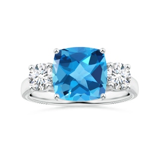 10.02x10.00x6.25mm AAA Three Stone Cushion Swiss Blue Topaz Leaf Ring in White Gold