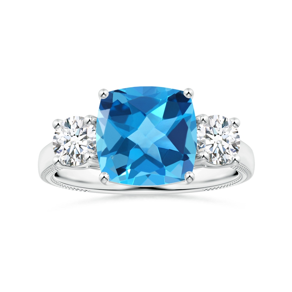 10.02x10.00x6.25mm AAA Three Stone Cushion Swiss Blue Topaz Leaf Ring in White Gold 